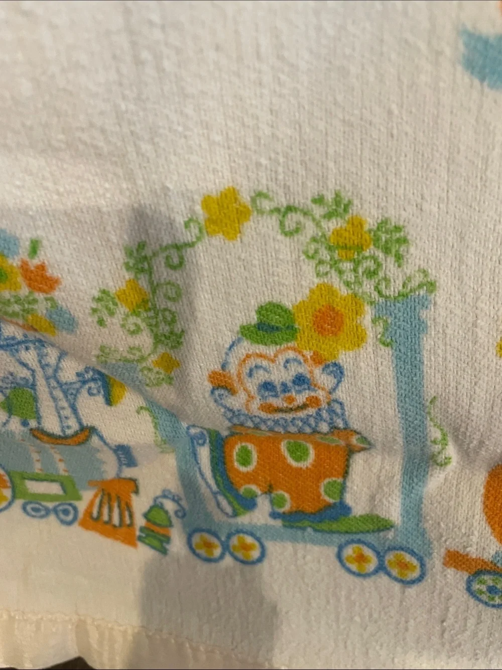 Vintage Clown Print baby’s blanket  in White, Orange & Green & blue